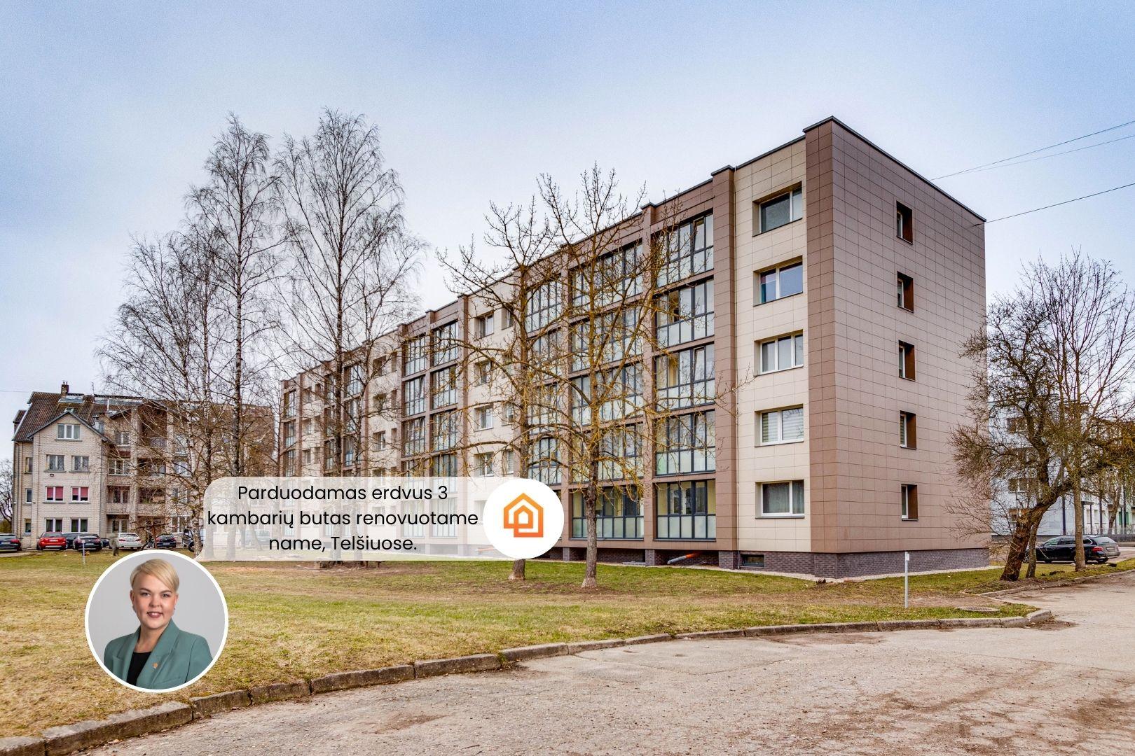 Parduodamas erdvus 3 kambarių butas renovuotame name Telšiuose, Karaliaus Mindaugo g. 32