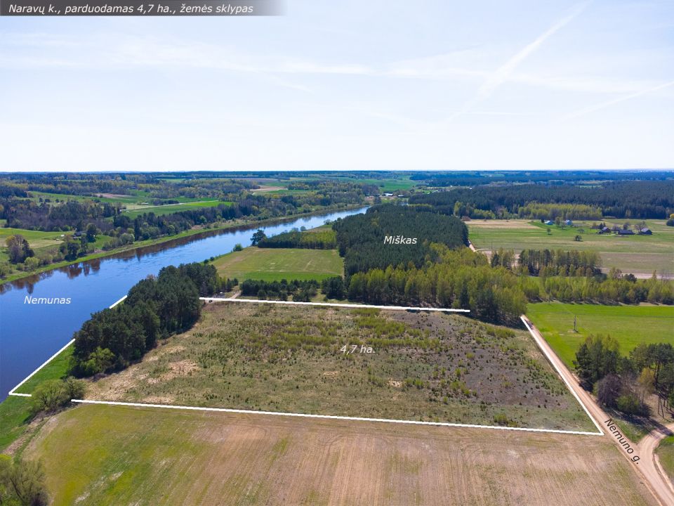 Šalia Nemuno, parduodamas 4,7 ha., žemės ūkio paskirties sklypas, Nemuno g., Naravų k., Prienų r.