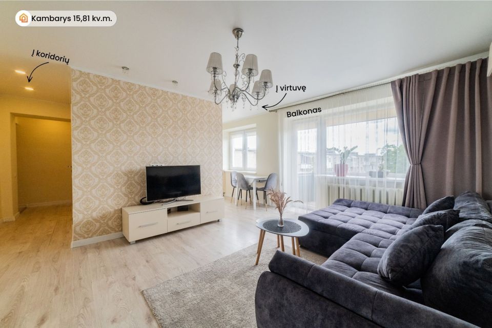 Miesto centre, parduodamas šiuolaikiško interjero 2 kambarių butas, Ežero g. 3, Šiauliuose