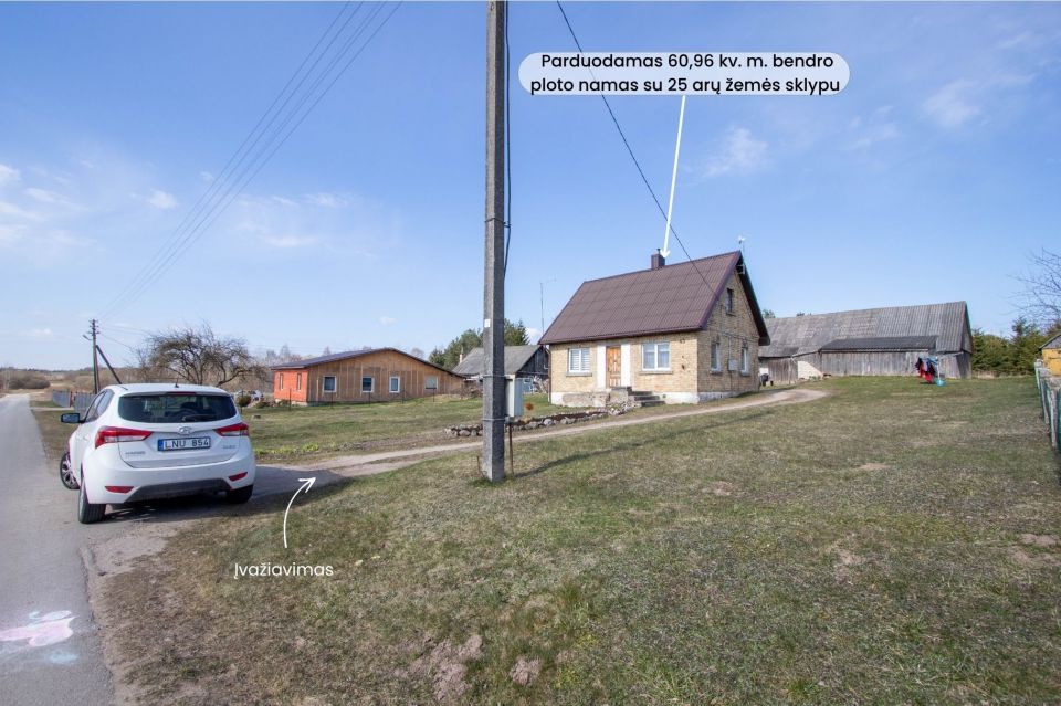 Parduodama sodyba Kelmės r., Grimzių k. 43 su mūriniu 60,69 kv.m. namu ir 25 arų sklypu