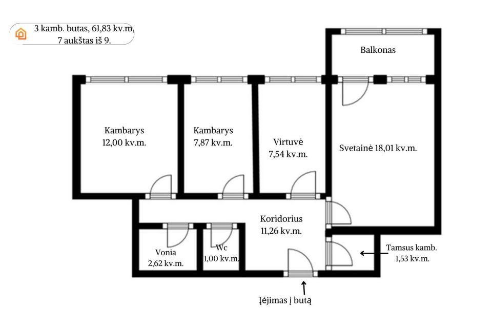 Parduodamas 3-jų kambarių butas Ukmergės g. 6, Kaune