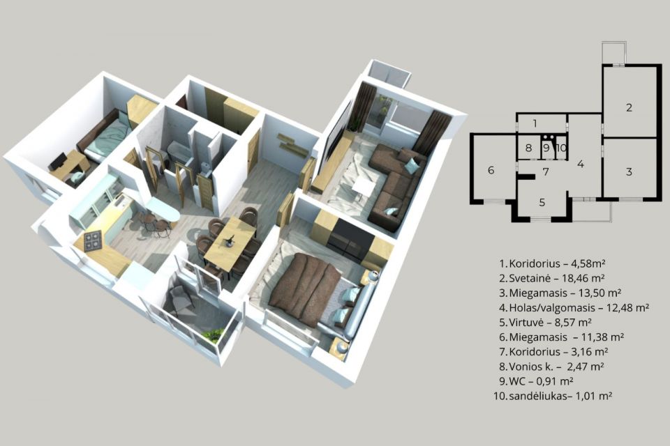 Parduodamas erdvus ir moderniai įrengtas 3 kambarių butas 2-ajame auk&scaron;te, Vyturio g. 2, Klaipėdoje