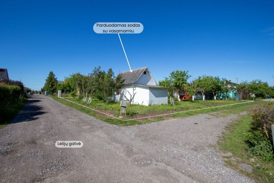 Parduodamas sodo sklypas su mediniu 12,86 kv.m. sodo nameliu, Lelijų g.14, Jubiliejinis 2 sodai, Toliočiai, &Scaron;iaulių r.