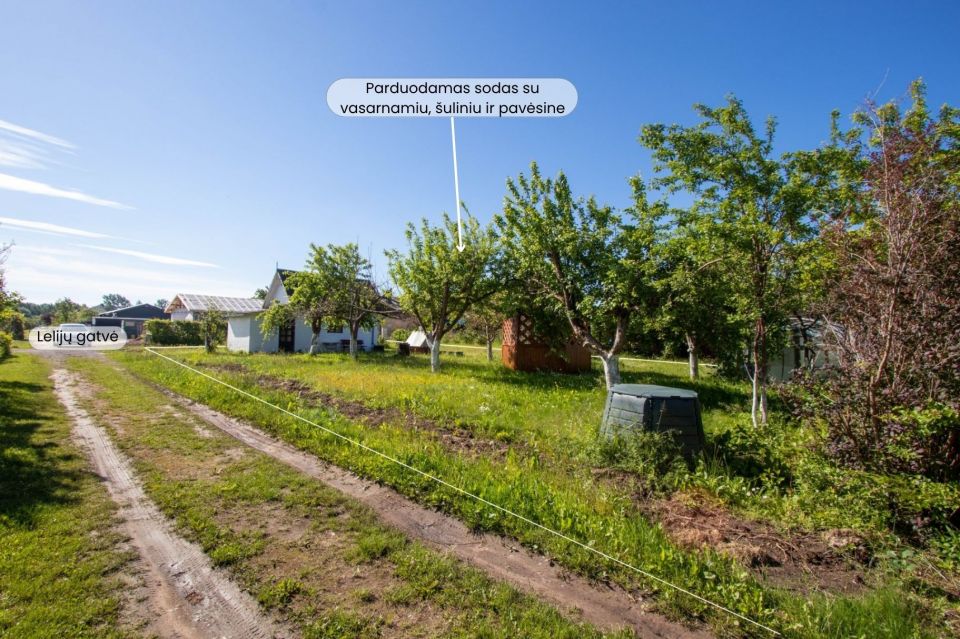 Parduodamas sodo sklypas su mediniu 12,86 kv.m. sodo nameliu, Lelijų g.14, Jubiliejinis 2 sodai, Toliočiai, &Scaron;iaulių r.