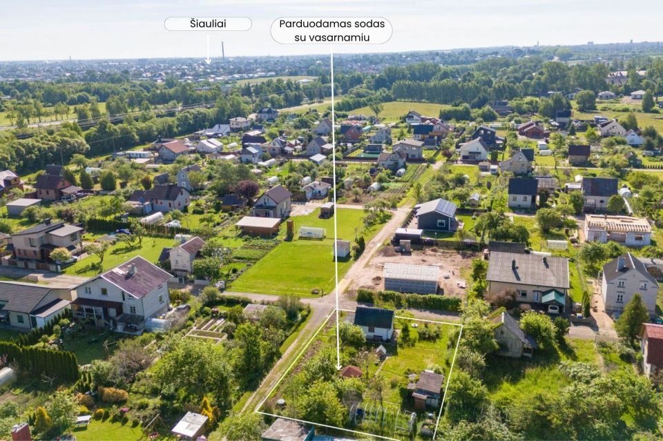 Parduodamas sodo sklypas su mediniu 12,86 kv.m. sodo nameliu, Lelijų g.14, Jubiliejinis 2 sodai, Toliočiai, &Scaron;iaulių r.