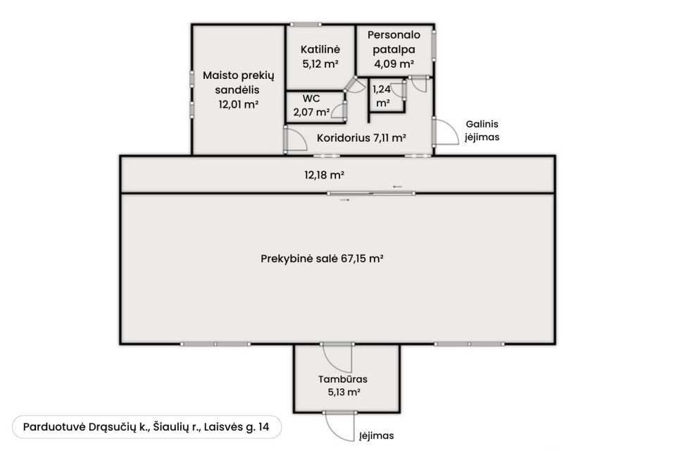 Parduodamos pilnai įrengtos prekybinės paskirties komercinės patalpos Laisvės g. 14, Drąsučiai, &Scaron;iaulių r.