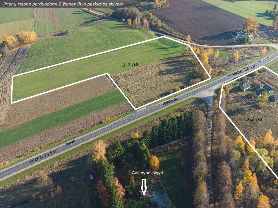 Prienų rajone, Žvyrynų k., parduodami 2 žemės ūkio paskirties sklypai, bendras plotas 6,43 ha.