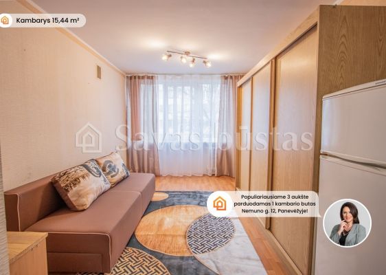 Parduodamas 1 kambario butas su visais patogumais, bendrabučio tipo name, adresu Nemuno g. 12, Panevėžyje