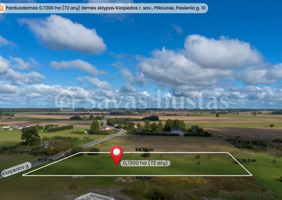 Parduodamas  erdvus 0,7200 ha (72 arų) žemės sklypas Klaipėdos r. sav., Plikiuose, Pasienio g. 10. Naudojimo būdas: vienbučių ir dvibučių gyvenamųjų pastatų teritorijos.